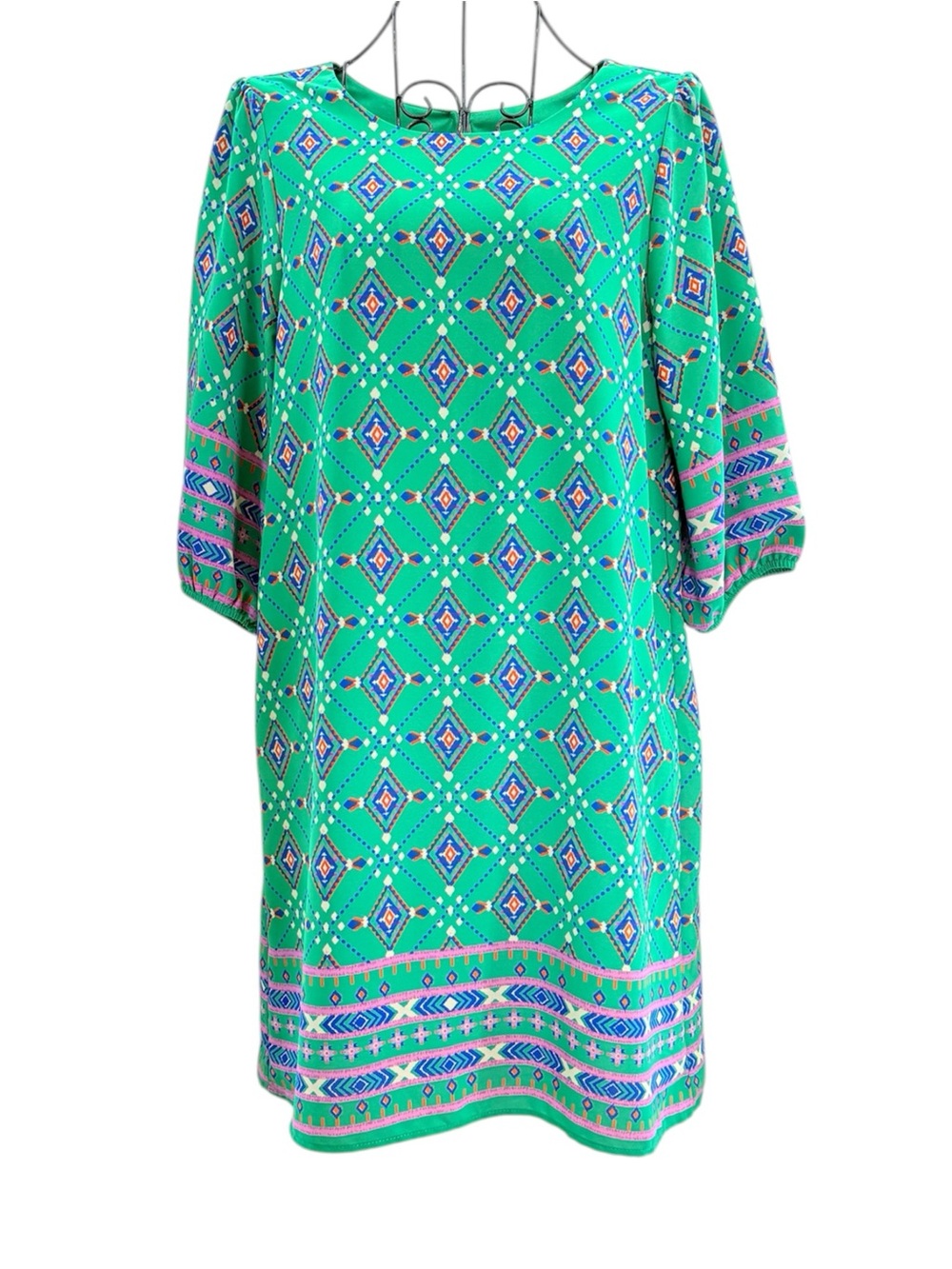 Everly Teal Green Silky Shift Mini Dress Diamond Geometric Pattern Size Small